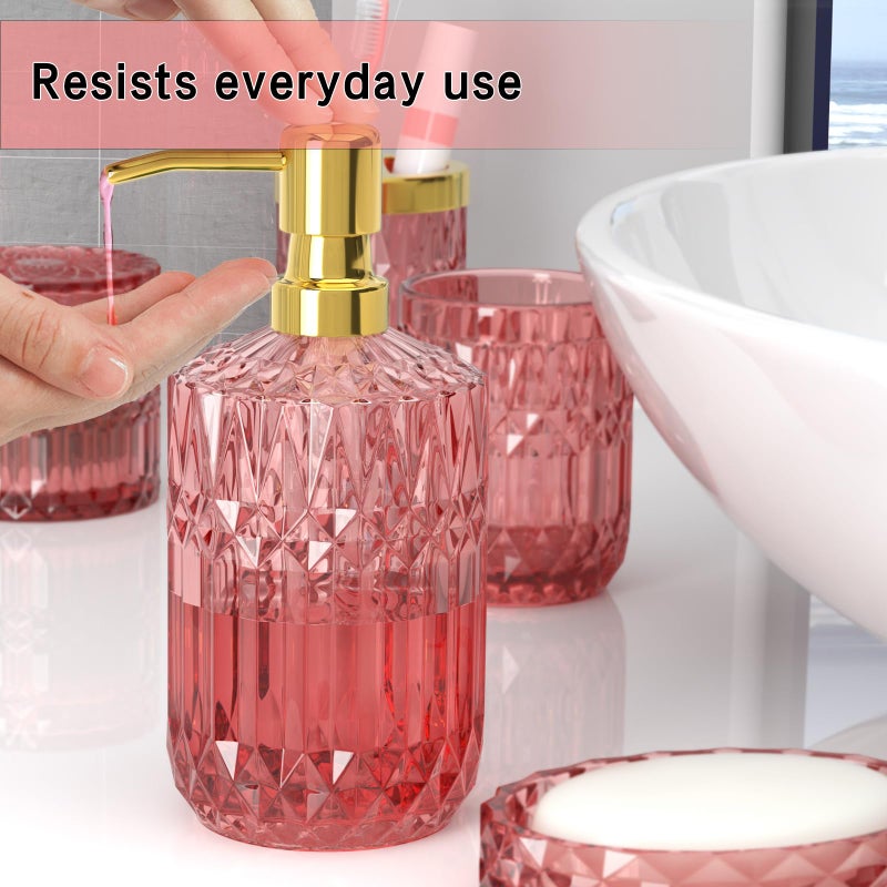 QIQU New Pink Bathroom Accessories Set  5 Pcs Clear Glass Bathroom Accessories Sets with Lotion Soap Dispenser  Soap Dish  Toothbrush Holder  Bathroom Tumbler  Cotton Swab Jars  Perfect for Bathroom Decor - Image 4